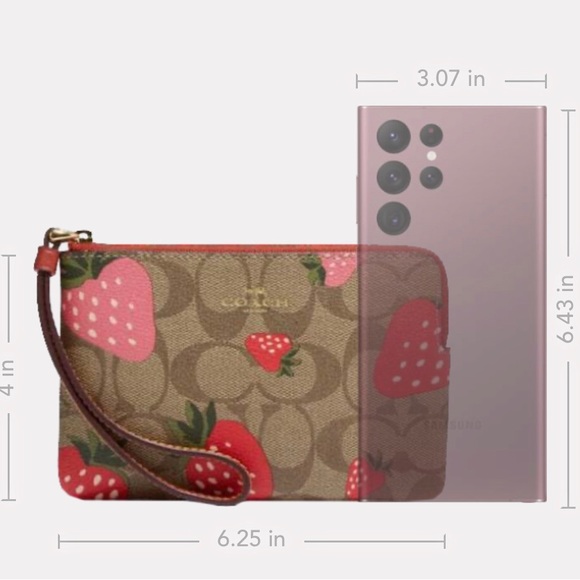 Coach Corner Zip Wristlet In Signature Canvas With Wild Strawberry Print - Picture 4 of 7